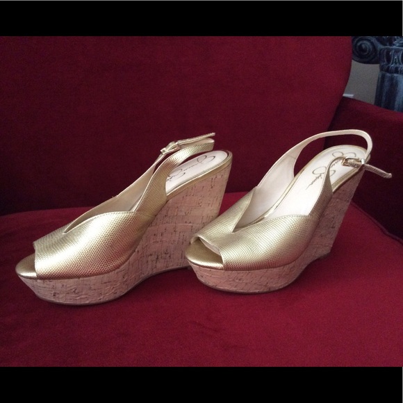 Jessica Simpson Shoes - Jessica Simpson Gold Shoes Wedge Cork Heel